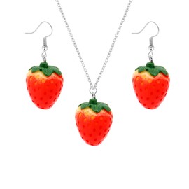 GIGB PBDK 3D Simulated Fruit Red Strawberry Acrylic Necklace Earring Set.Cute Stereoscopic Red Strawberry Dangle Necklace Earring Set, Country Style Ear Clip Ear Hook Jewelry