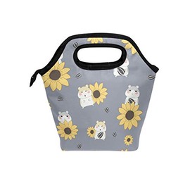 Lunch Bag Cute Hamster And Sunflower Printed Neoprene Tote Reusable Insulated Gourmet Lunchbox Container Organizer School Picnic Carrying For Men, Women, Adults, Kids, Girls, Boys
