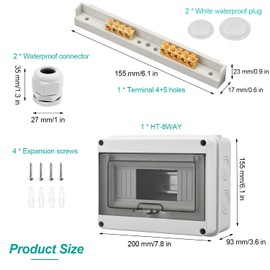 Surface-Mounted Fuse Box, 1 Row, IP65, Surface-Mounted Junction Box with 8 Modules, Surface-Mounted Distributor, with Brass Terminals, for Garden or Outdoor Use, Villas, Charging Columns