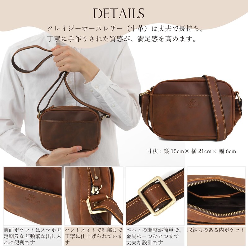 GULNAHS Men's Body Bag, Small, Genuine Leather, Crossbody Bag, Shoulder
