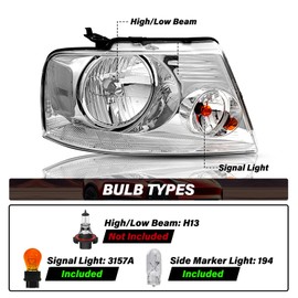 Bingbingmotor BRYGHT Headlight Assembly Fit for 04-08 F150 Pickup / 06-08 Mark LT Passenger and Driver Side (Chrome Housing with Clear Reflector)
