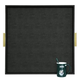 HofferRuffer Extra Large Square Serving Tray, Elegant Faux Leather Ottoman Tray with Gold Hardware Handles, Serve Tea, Coffee or Breakfast in Bed, 24 x 24 inches (Black Shagreen)