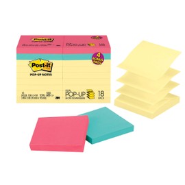 Post-it Pop-up Notes 3x3 in, 18 Pads, America's #1 Favorite Sticky Notes, Assorted Colors, Clean Removal, Recyclable (R330-14-4B)