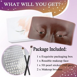 Silicone Makeup Practice Board - Face & Eyes Mannequin for Artists & Beginners, With Makeup Brushes & 165Pcs Pearl Stickers (Black)