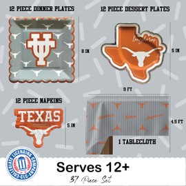 University of Texas Longhorns party supplies with Texas tablecloth plates and napkins (37 piece set) for graduation, football tailgating, and birthday party decorations (Serves 12) (Texas Longhorns)