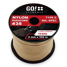 GO!elements 100 m Paracord Rope Made of Tear-Resistant Nylon - 3 mm Paracord 425 Type II Max. 192 kg - Cords as Outdoor Rope, All-Purpose Rope, Survival Rope, Bracelet, Dog Lead, Nylon Cord, Colour: