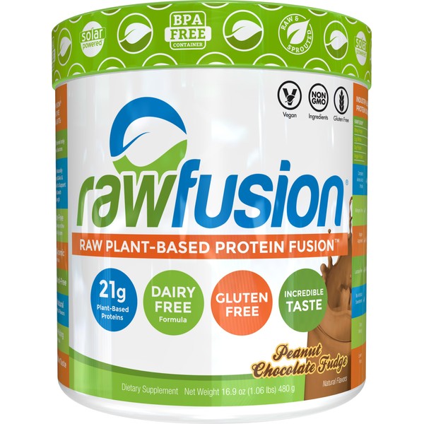 Rawfusion- Vegan Protein Powder, Peanut Chocolate Fudge - 21g of Plant Based Protein, Low Net Carbs, Non Dairy, Gluten/Lactose Free, Soy Free, Kosher, Non-GMO, 1Lb Pound