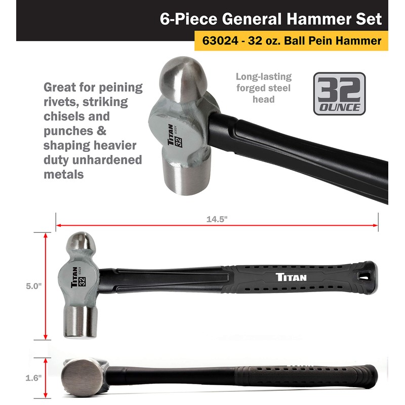 Titan 63136 6-Piece Hammer Set, Includes 16oz & 32oz Ball