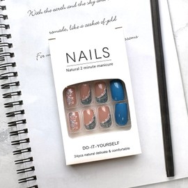 Press on Nails Square Medium Fake Nails Full Cover Blue Acrylic Nails White Flowers False Nails with Lines Blue Glitters Design Glossy Artificial Stick on Nails for Women Girls Manicure Decor, 24Pcs