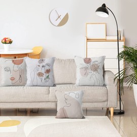 Hnmdmyi Boho Cushion Covers 40 x 40 cm Set of 4, Abstract Minimalist Woman Face Body Line Floral Plant Decorative Throw Pillow Covers Modern Art Aesthetic Linen Pillowcases for Sofa Couch Home Decor