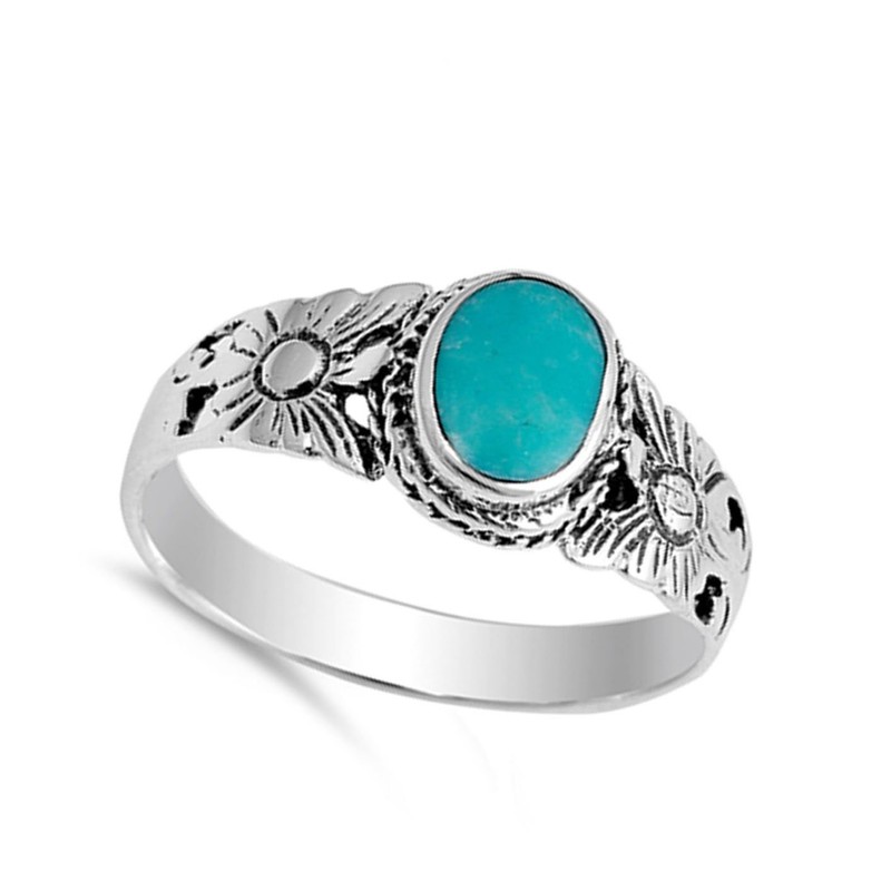 Flower Simulated Turquoise Fashion Bali Ring New .925 Sterling Silver