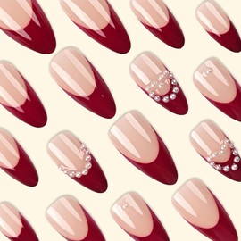 Red French Tip Press on Nails Medium Valentines Day Almond Fake Nails with Pearls Heart Design Simple Glue on Nails Press ons Glossy False Nails Nude Valentines Stick on Nails for Women 24 Pcs