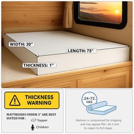Foamma 1” x 30” x 75” Camper, RV Travel High-Density Bunk Mattress Topper, Made in USA, Comfortable, Travel Trailer, CertiPUR-US Certified, Cover Not Included