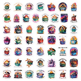 AFRITEE Funny Dumpster Fire Stickers - 50 Pcs Emotional Support Dumpster Fire Bulk Vinyl Sticker, Cute Skeleton Raccoon Waterproof Decal for Journal Water Bottle Laptop Bumper Decor Gift for Kid Teens