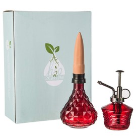 Glass Mini Watering Can Vintage Plant Mister Flower Water Spray Bottle and Faceted Glass Plant Watering Globe with Terracotta Spike,Red