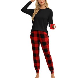 KFUBUO Women's Pajama Sets Long Sleeve Sleepwear and Jogger 2 Piece Lounge Sets, Red Black Plaid, Small