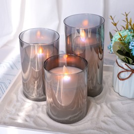 CRYSTAL CLUB Flickering Flameless Candles with Moving Wick, Set of 3 Real Wax & Glass Effect LED Pillar Candles with Remote, Battery Operated Candle for Christmas Festival, Home Decor