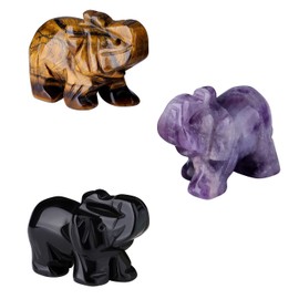 ZHIYUXI 3Pcs Amethyst Tiger Eye Obisdian Elephant Crystal Statues Healing Crystals Stones Elephant Statue Natural Quartz Gemstone Carved Polished Pocket Stone Crystal Figurines 1.5"