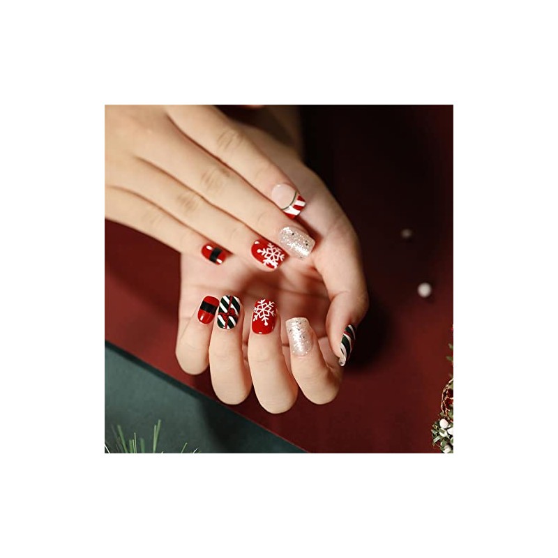 Christmas Press On Nails, Red White Green Snowflake Pattern, Short