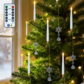 FREEPOWER 12PCS Flameless Christmas Tree Candles with Remote，Battery Operated Flickering Candles Christmas Tree Lights,LED Taper Candle for Home Parties Birthday Gift with Snowflake Hook (White)
