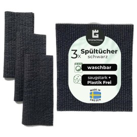 Grünschloss Dish Cloths Black Washable (3X) Swedish Dish Cloths Cotton & Wood Pulp - Absorbent Sponge Cloths Black Cleaning Cloth for Dishes, Household & Kitchen Cloths Black