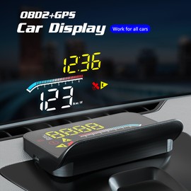 AMHVMU OBD2+GPS Heads Up Display Car Digital Speedometer with MPH/KMH, Water Temperature, Over-Speed Alarm, and Built-in Compass for Enhanced Driving Safety