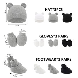 MEMOFYND Set of 3 Bear Hats with Gloves and Feet Covers, Unisex Baby Hats, Cotton Gloves, No-Scratch Newborn Gloves and Socks (White, Black, Grey)