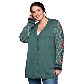 Sheego Women's Plus Size Cardigan with Diamond Pattern on the Sleeves, Casual Fashion, Sporty Button Placket, Opal Green