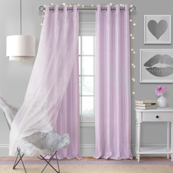 Elrene Home Fashions Aurora Solid Faux Silk with Sheer Sparkle Overlay Room Darkening Window Curtain Panel, 52" W x 63" L (1, Lavender