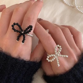 TUCEWP 2Pcs Bow Rings for Women Elegant Sweet Trendy Coquette Bow Tie Rings White Black Dainty Simple Ribbon Bowknot Statement Rings Adjustable Beaded Wrap Ring Fashion Christmas Birthday Jewelry