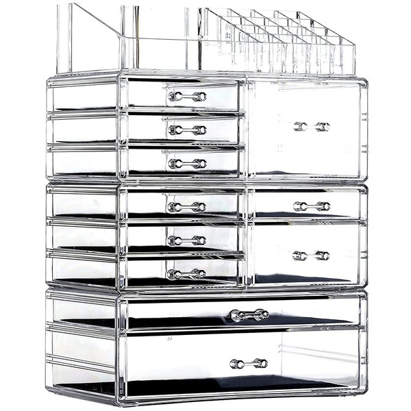 Cq acrylic Clear Makeup Storage Organizer Drawers Skin Care Large Cosmetic Display Cases Stackable Storage Box With 11 Drawers For Dresser,Set of 4