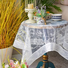 ARTABLE White Wedding Lace Tablecloth Organza Hem Small Square Rectangle Vintage Hallowed Embroidery Tablecloths for Home Outdoor Party Fall Table Decorations (White, 33 x 33 Inch)