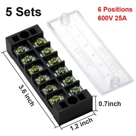 MILAPEAK 10pcs (5 Sets) 6 Positions Dual Row 600V 25A Screw Terminal Strip Blocks with Cover + 400V 25A 6 Positions Pre-Insulated Terminals Barrier Strip (Black & Red)