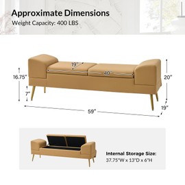 HULALA HOME Living Room Storage Bench with USB 59" Faux Leather Entryway Bench King Upholstered Ottoman with Gold Metal Legs for Bedroom, Camel
