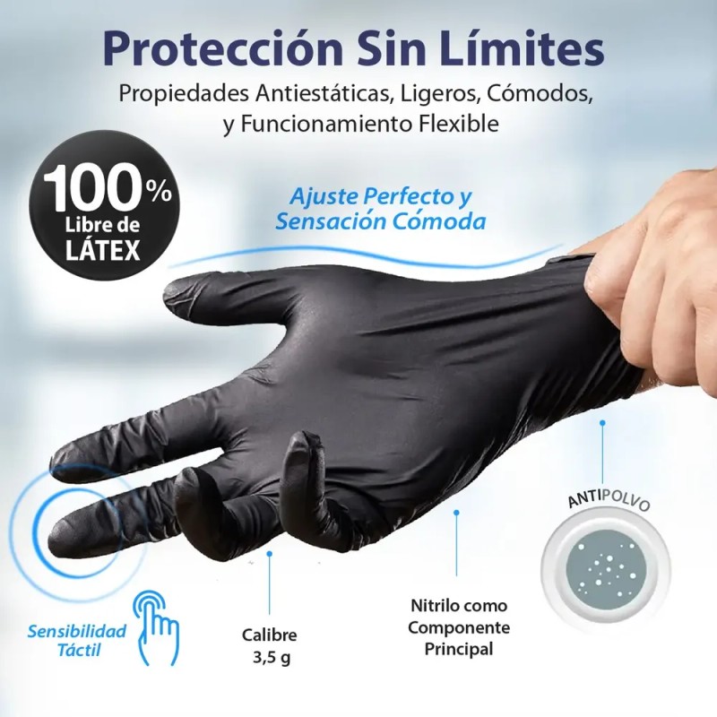 100 Guantes Nitrilo Negro Libre De Látex Y Vinil Sin