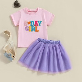 Baby Girl Birthday Outfit Embroidery Birthday Girl Shorts Sleeve Shirts and Tutu Skirts Set Baby Girl Birthday Outfit (Purple, 1-2 Years)