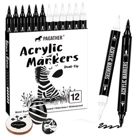 Pagather Black and White Acrylic Paint Markers, 12 Dual Tip with Fine Tip and Brush Tip Pens for Fabric, Stone, Wood, Canvas, Ceramic, Metal, Glass, Rock Painting, DIY Crafts