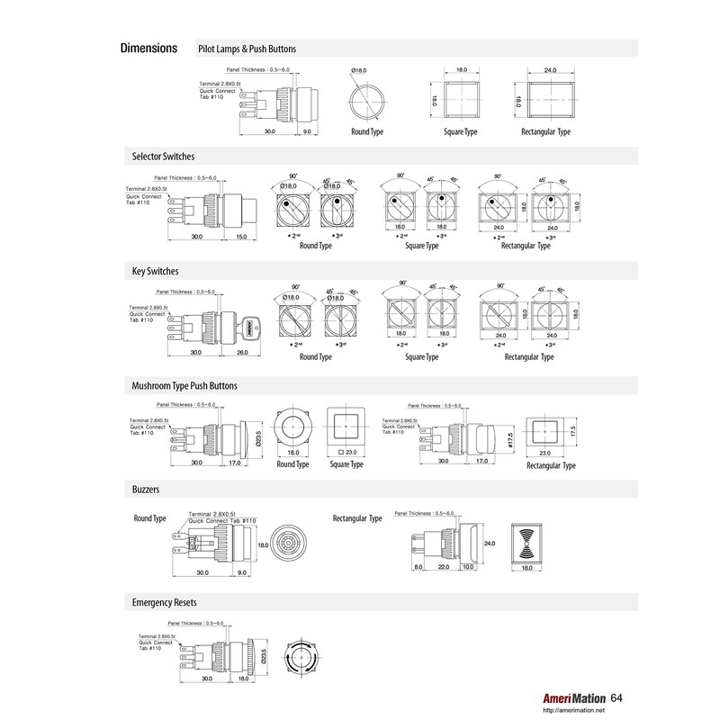 K16-211-R, Momentary Push Button, 16mm Panel Hole, IP65, Round Head,