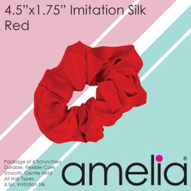 Amelia Beauty, Red Imitation Silk Scrunchies, 4.5in Diameter, Gentle on Hair, Strong Hold, No Snag, No Dents or Creases. 6 Pack
