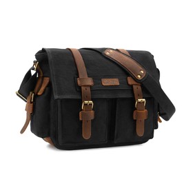 Kattee Leather Canvas Camera Bags for Men Vintage DSLR SLR Messenger Shoulder Bags Black
