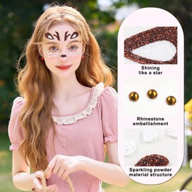 Totelux Christmas Reindeer Face Tattoos Stickers Glitter Face Jewels Cute Animal Deer Temporary Tattoo for Adult Kids Makeup Birthday Festive Cosplay Party Decoration Supplies 2Pcs
