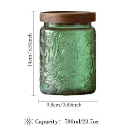 ANSQU Vintage 23.7oz Glass Storage Jar with Solid Wood Lid - Sunflower Kitchen Canister for Tea, Coffee, Candy, Cookies, Bath Salts & Laundry Detergent - Decorative Multi-Purpose Jar (Green, 1 Pack)