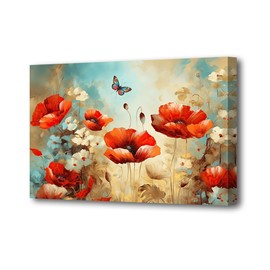 LURENCZH Poppy Canvas Wall Art Poppies and Butterfly Picture Prints Red Flower Paintings for Living Room Girl Room Decor Framed(Poppy-1,12.00" x 18.00")