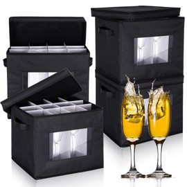 Uiifan 4 Pcs Wine Glass Storage Box with Dividers 12 Compartment Stemware Storage Cases China Container Box with Lid and Handle for Moving(Black,Champagen Flute Size)