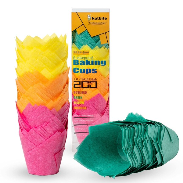 katbite Pack of 200 Tulip Baking Cups, Muffin Baking Cups Made of Paper Cupcake, Liners for Party