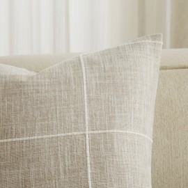 YZJZEDS 2 Packs Grid Embroidery Throw Pillow Covers, 16x16 Inch Raw Linen, Farmhouse Cotton Linen Decorative Beige Cushion Covers for Sofa Bed Living Room Home Decor