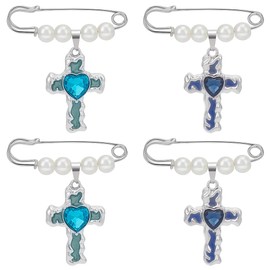 WEBEEDY 4pcs Pearl Brooch Pins Wedding Bouquet Charm Pin Safety Pins with Cross Pendant Heart Rhinestone Decoration Pins for Clothing Bride Groom Bouquet Anniversary Unique Gift (Blue/Green Cross)