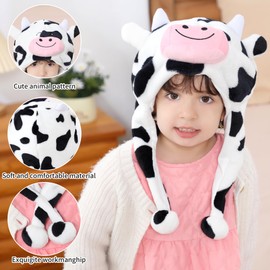 HAHASHOW Plush Cute Animal Winter Hat, Animal Ear Flap Hat, Polyester with Fleece Character Winter Cap, Kids Soft Warm Hat for Christmas Cow