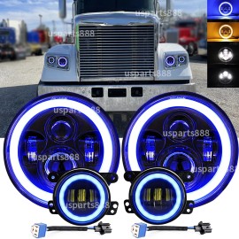 usparts888 Fit Freightliner Coronado 7inch Round LED Headlights + 4inch LED Fog Light Combo