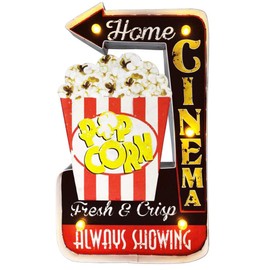 Metal Popcorn Light Sign Vintage Style Wall Decoration Industrial Marquee Embossed Tin wall Decor for Convenience store, Service Station, Bar or Cinema Wall Hanging Sign–Battery Operated (B)